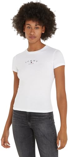 Tommy Jeans Damen T-Shirt Kurzarm Slim Rundhalsausschnitt, Weiß (White), XS von Tommy Jeans