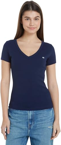 Tommy Jeans Damen T-Shirt Kurzarm Slim V-Ausschnitt, Blau (Dark Night Navy), XS von Tommy Jeans