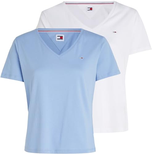 Tommy Jeans Damen T-Shirt Kurzarm Slim V-Ausschnitt, Mehrfarbig (White / Blue), XL von Tommy Jeans