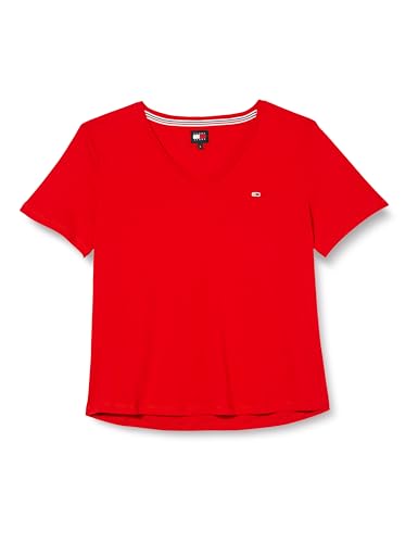 Tommy Jeans Damen T-Shirt Kurzarm Slim V-Ausschnitt, Rot (White / Red), XL von Tommy Jeans