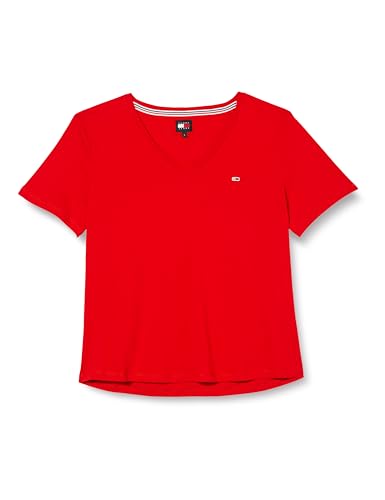 Tommy Jeans Damen T-Shirt Kurzarm Slim V-Ausschnitt, Rot (White / Red), XS von Tommy Jeans