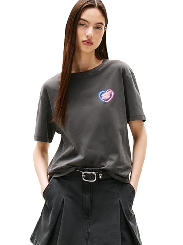 Tommy Jeans Damen-T-Shirt mit aufgedrucktem Neon-Logo, Schwarz, Klein von Tommy Jeans