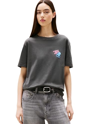 Tommy Jeans Damen-T-Shirt mit aufgedrucktem Neon-Logo, Schwarz/Kirschen, Klein von Tommy Jeans