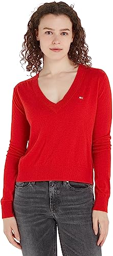 Tommy Jeans Damen Pullover Essential Vneck Strickpullover, Rot (Deep Crimson), M von Tommy Jeans