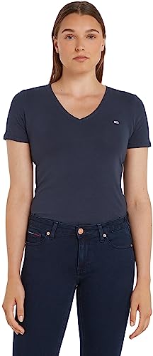 Tommy Jeans Damen T-Shirt Kurzarm TJW Skinny V-Ausschnitt, Blau (Twilight Navy), XS von Tommy Hilfiger