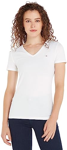 Tommy Jeans Damen T-Shirt Kurzarm TJW Skinny V-Ausschnitt, Weiß (White), XS von Tommy Hilfiger