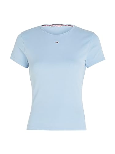 Tommy Jeans Damen T-Shirt Kurzarm Essential Rib Rundhalsausschnitt, Blau (Chambray Blue), L von Tommy Jeans