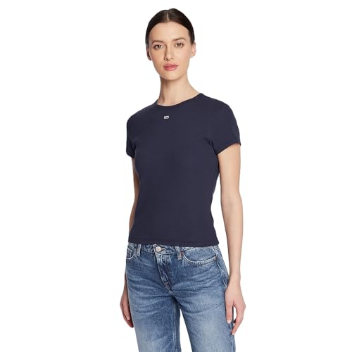 Tommy Jeans Damen T-Shirt Kurzarm Essential Rib Rundhalsausschnitt, Blau (Twilight Navy), L von Tommy Jeans