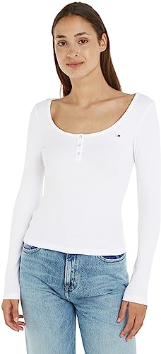 Tommy Jeans Damen Langarmshirt Slim Rib C-Neck Basic, Weiß (White), S von Tommy Jeans