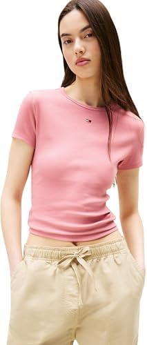 Tommy Jeans Damen Tjw Slim Essential Rib EXT Dw0dw17383 S/S T-Shirt, Pink (Tahiti Berry), XL EU von Tommy Jeans