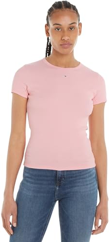 Tommy Jeans Damen T-Shirt Kurzarm Slim Essential Rib Rundhalsausschnitt, Rosa (Ballet Pink), L von Tommy Jeans