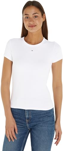 Tommy Jeans Damen T-Shirt Kurzarm Slim Essential Rib Rundhalsausschnitt, Weiß (White), L von Tommy Jeans