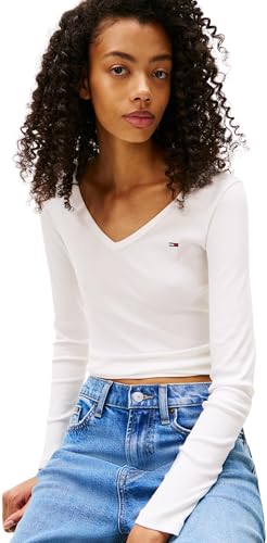 Tommy Jeans Damen Langarmshirt Slim Fit Essential V-Neck V-Ausschnitt, Weiß (Ecru), XS von Tommy Jeans