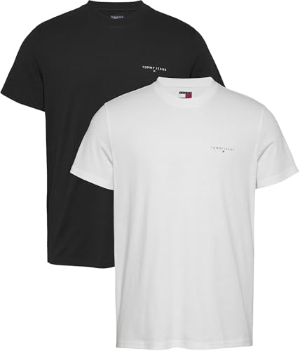 Tommy Jeans Herren 2er Pack T-Shirts Kurzarm Linear Chest Rundhalsausschnitt, Mehrfarbig (Black/Ecru), XS von Tommy Jeans