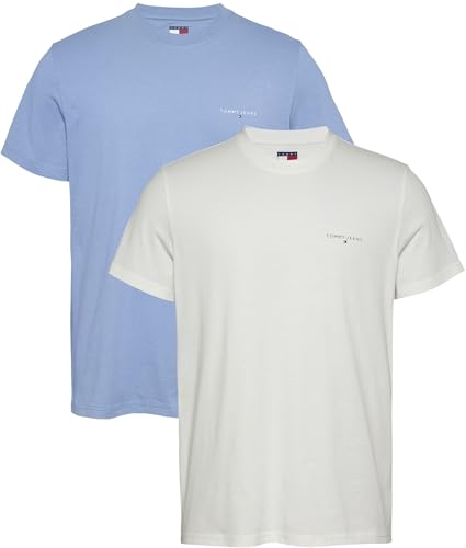 Tommy Jeans Herren 2er Pack T-Shirts Kurzarm Linear Chest Rundhalsausschnitt, Mehrfarbig (Colorado Blue/Ecru), XXL von Tommy Jeans