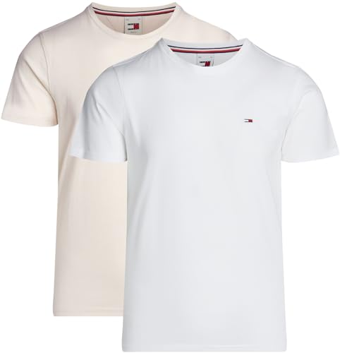 Tommy Jeans Herren 2er Pack T-Shirts Kurzarm Slim Fit, Mehrfarbig (Newsprint/White), 5XL von Tommy Jeans