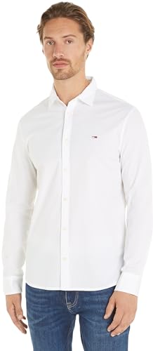 Tommy Jeans Herren Hemd Poplin Shirt Langarm, Weiß (White), XXS von Tommy Jeans
