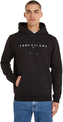 Tommy Jeans Herren Hoodie Regular Linear Logo mit Kapuze, Schwarz (Black), L von Tommy Hilfiger