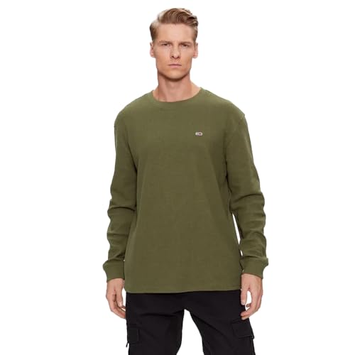 Tommy Jeans Herren Langarmshirt Clsc Waffle Ls Baumwolle, Grün (Drab Olive Green), S von Tommy Jeans