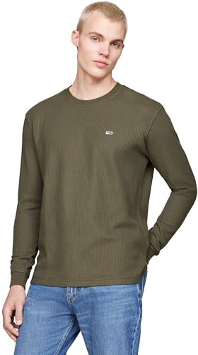 Tommy Jeans Herren Langarmshirt Regular Fit Waffle Rundhalsausschnitt, Grün (Fatigue Green), XXL von Tommy Jeans