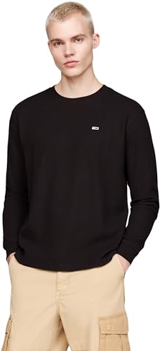 Tommy Jeans Herren Langarmshirt Regular Fit Waffle Rundhalsausschnitt, Schwarz (Black), XXL von Tommy Jeans