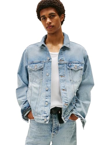 Tommy Jeans Herren Lightweight Trucker Jacket with Embroidered Logo Jacke, Denim Mid Hellblau, L von Tommy Jeans