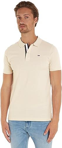 Tommy Jeans Herren Poloshirt Kurzarm Slim Placket Slim Fit, Elfenbein (Newsprint), XS von Tommy Jeans