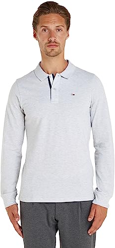 Tommy Jeans Herren Poloshirt Langarm Slim Solid Baumwolle, Silber (Silver Grey Htr), XS von Tommy Jeans