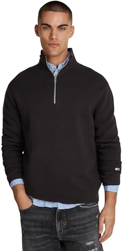 Tommy Jeans Herren Pullover mit Reißverschluss Regular Fit Half Zip Mock-Kragen, Schwarz (Black), L von Tommy Jeans