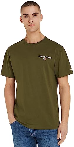 Tommy Jeans Herren T-Shirt Kurzarm Classic Linear Back Print Rundhalsausschnitt, Grün (Drab Olive Green), XS von Tommy Jeans