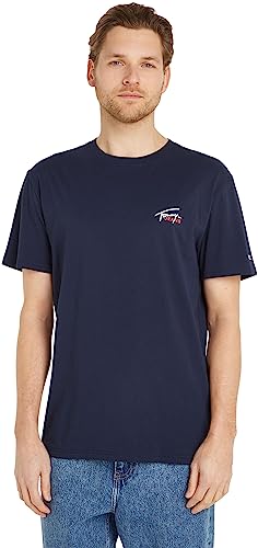 Tommy Jeans Herren T-Shirt Kurzarm Classic Small Flag Rundhalsausschnitt, Blau (Chambray Blue), M von Tommy Jeans