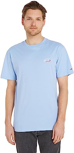 Tommy Jeans Herren T-Shirt Kurzarm Classic Small Flag Rundhalsausschnitt, Blau (Chambray Blue), XS von Tommy Jeans