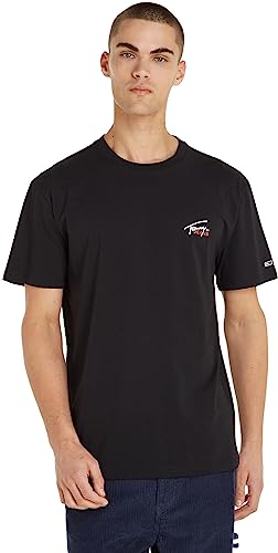 Tommy Jeans Herren T-Shirt Kurzarm Classic Small Flag Rundhalsausschnitt, Schwarz (Black), S von Tommy Jeans