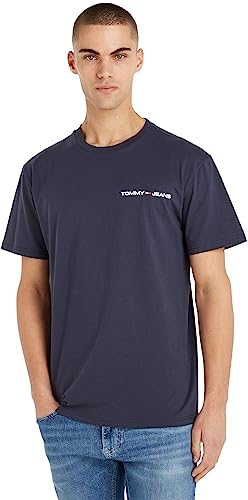 Tommy Jeans Herren T-Shirt Kurzarm Linear Chest Rundhalsausschnitt, Blau (Twilight Navy), L von Tommy Jeans