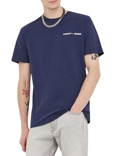 Tommy Jeans Herren T-Shirt Kurzarm Linear Chest Rundhalsausschnitt, Blau (Twilight Navy), XL von Tommy Hilfiger