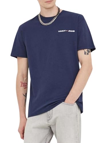 Tommy Jeans Herren T-Shirt Kurzarm Linear Chest Rundhalsausschnitt, Blau (Twilight Navy), XXL von Tommy Jeans