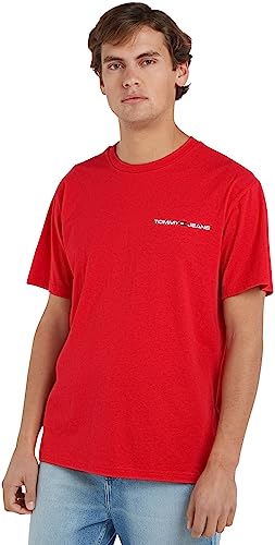 Tommy Jeans Herren T-Shirt Kurzarm Linear Chest Rundhalsausschnitt, Rot (Deep Crimson), XXS von Tommy Jeans