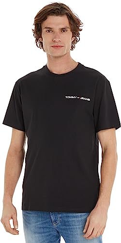 Tommy Jeans Herren T-Shirt Kurzarm Linear Chest Rundhalsausschnitt, Schwarz (Black), XL von Tommy Hilfiger