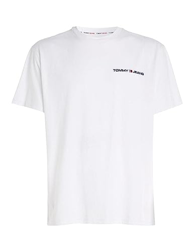 Tommy Jeans Herren T-Shirt Kurzarm Linear Chest Rundhalsausschnitt, Weiß (White), L von Tommy Jeans