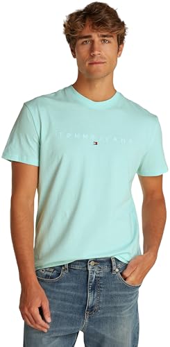 TOMMY JEANS Herren T-Shirt Kurzarm Linear Logo Baumwolle, Türkis (Spring Mint), XXL von TOMMY JEANS