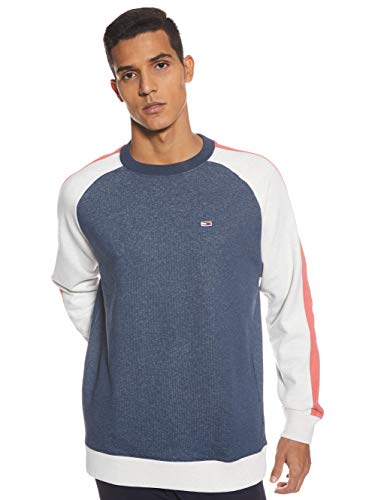 Tommy Jeans Herren TJM Contrast Sleeve Script Crew Sweatshirt, Blau (Black IRIS Htr/Classic White Htr DDH), Large (Herstellergröße:L) von Tommy Jeans