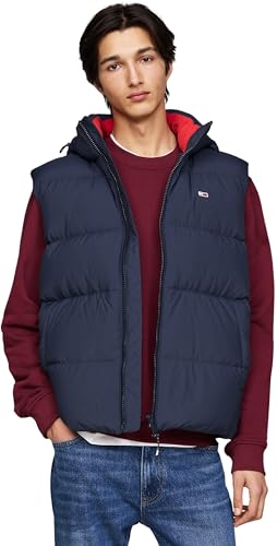 Tommy Jeans Herren Weste Essential Down Vest mit Kapuze, Blau (Dark Night Navy), XXL von Tommy Jeans