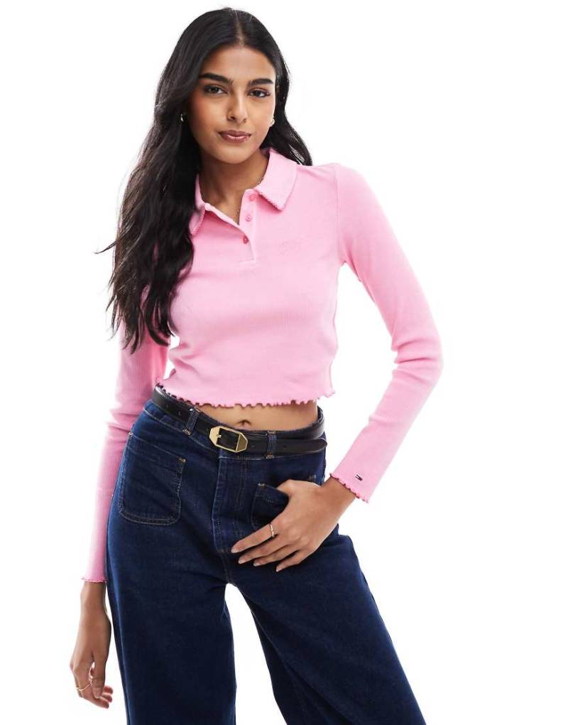 Tommy Jeans - Langärmliges, schmales Polohemd in Rosa mit kurzem Schnitt von Tommy Jeans