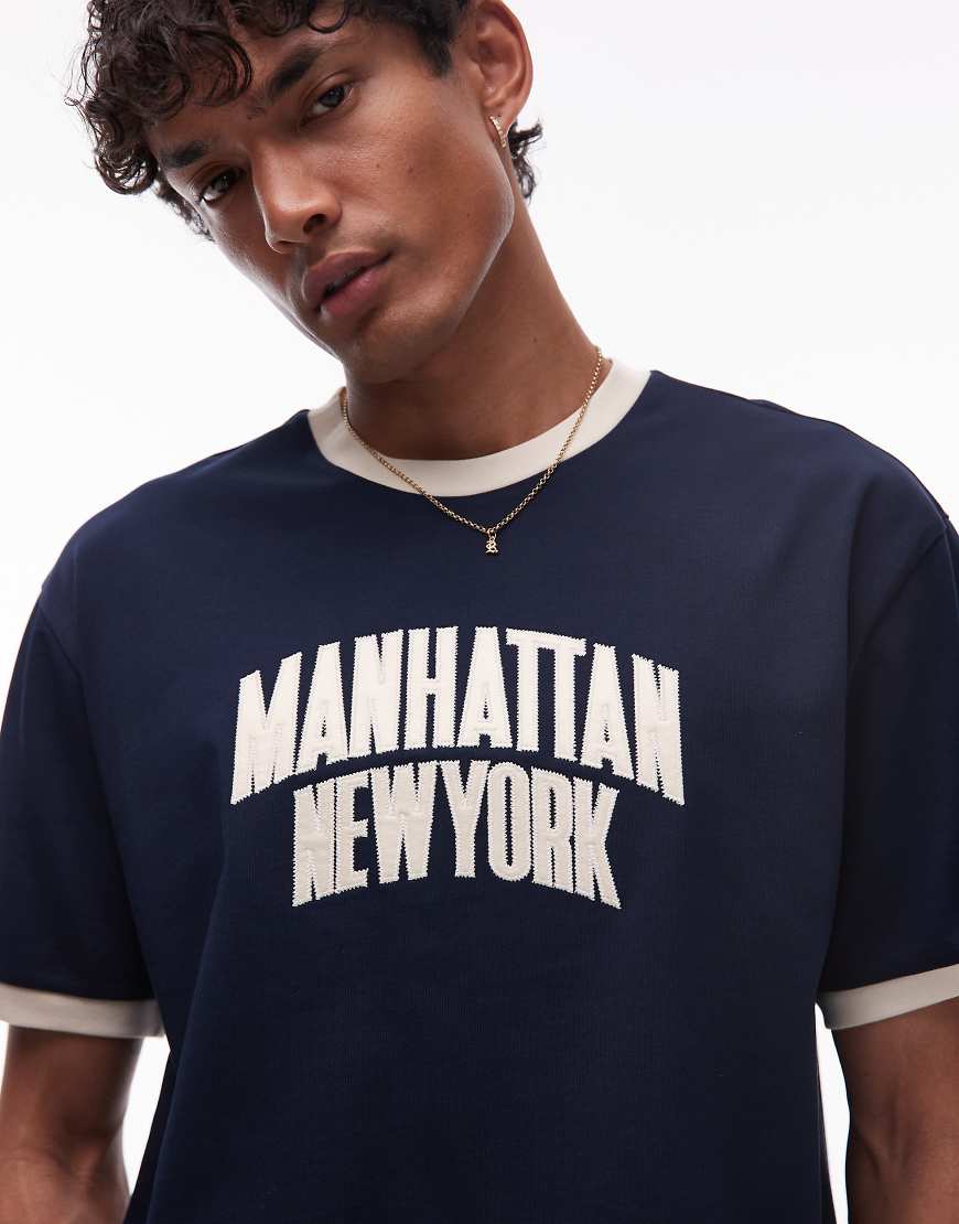 Tommy Jeans - Ringer-T-Shirt in Marineblau mit Manhattan-Schriftzug von Tommy Jeans