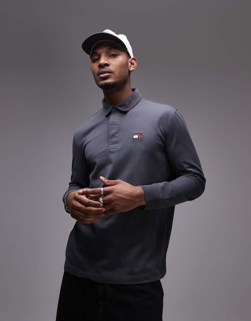 Tommy Jeans - Rugby-Oberteil in Dunkelgrau mit Kragen aus Cord-Schwarz von Tommy Jeans