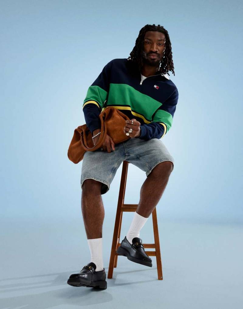 Tommy Jeans - Rugby-Shirt in Marineblau und Grün im Farbblock-Design mit Reißverschluss von Tommy Jeans