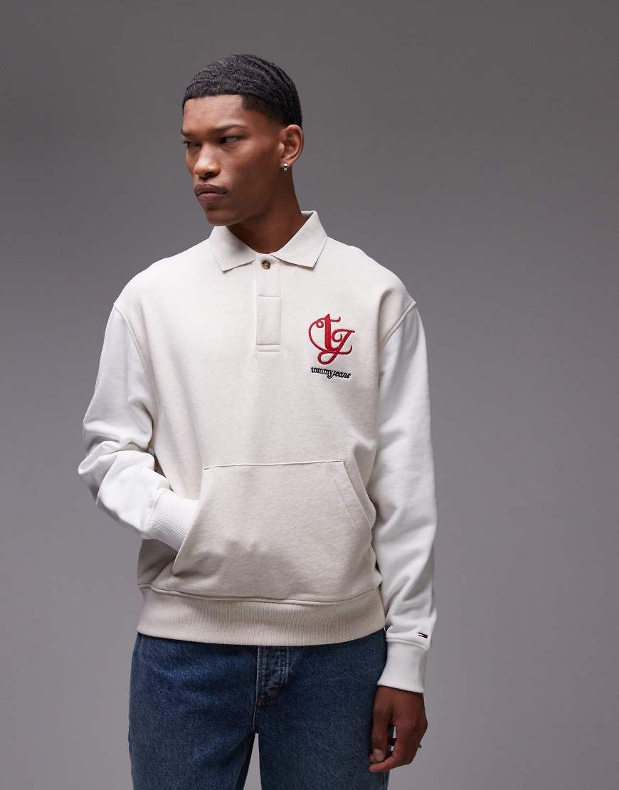 Tommy Jeans - Rugby-Sweatshirt in beige meliert mit Raglanärmeln-Neutral von Tommy Jeans