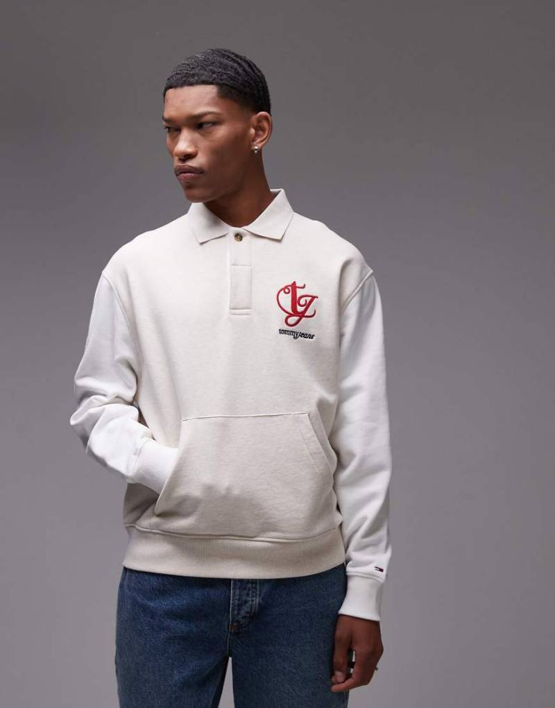 Tommy Jeans - Rugby-Sweatshirt in beige meliert mit Raglanärmeln-Neutral von Tommy Jeans