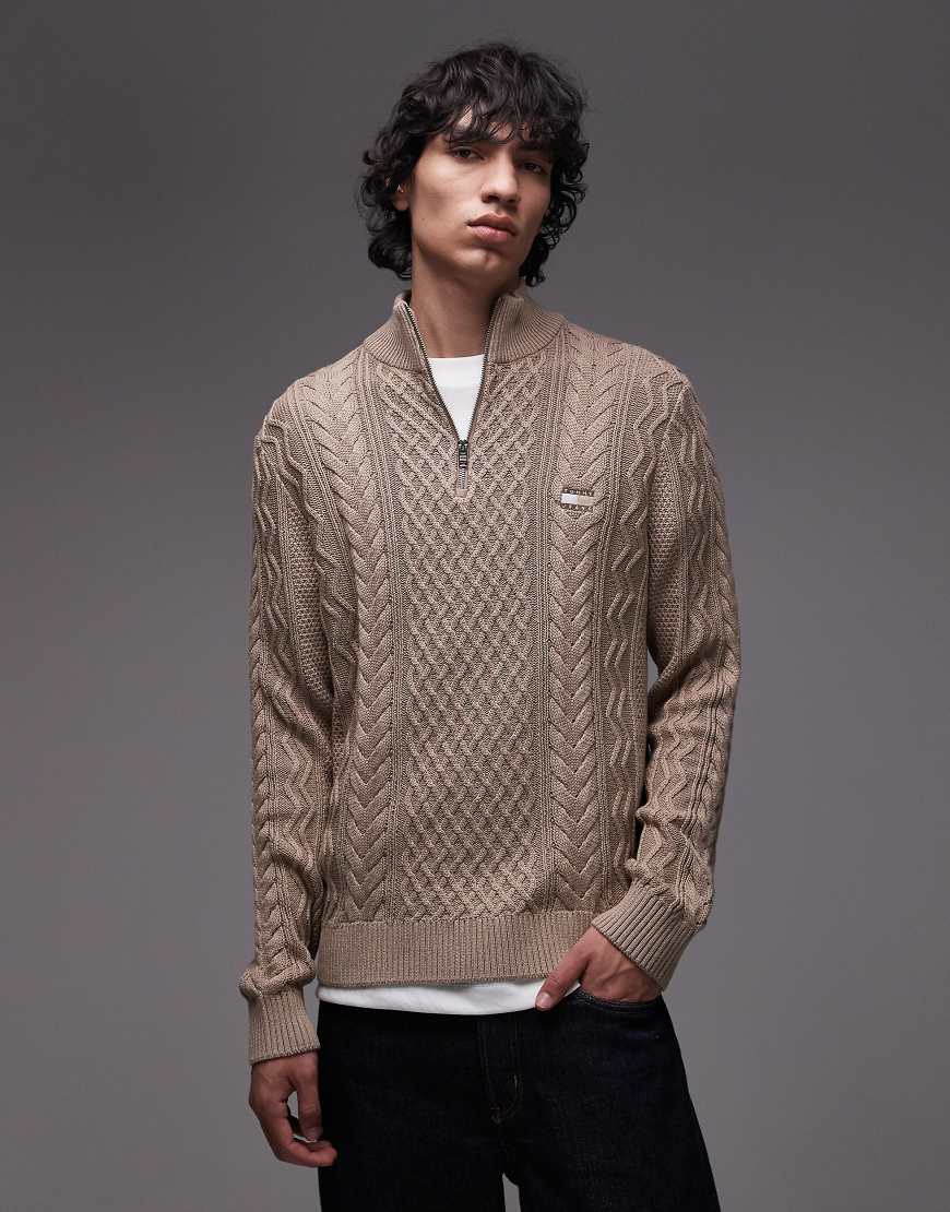 Tommy Jeans - Schmal geschnittener Strickpullover in Taupe mit Zopfmuster und kurzem Reißverschluss-Neutral von Tommy Jeans
