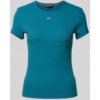 Tommy Jeans Slim Fit T-Shirt in Ripp-Optik Modell 'ESSENTIAL' in Petrol, Größe XL von Tommy Jeans